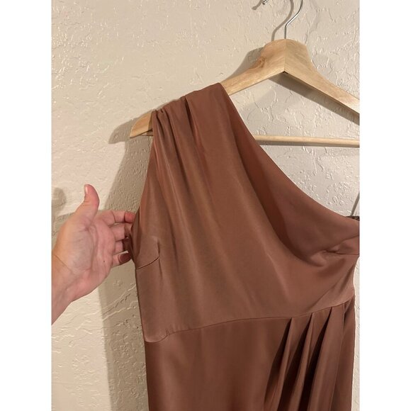 Showpo Bronze Silky One Shoulder Draped Mini Dress - Picture 4 of 12